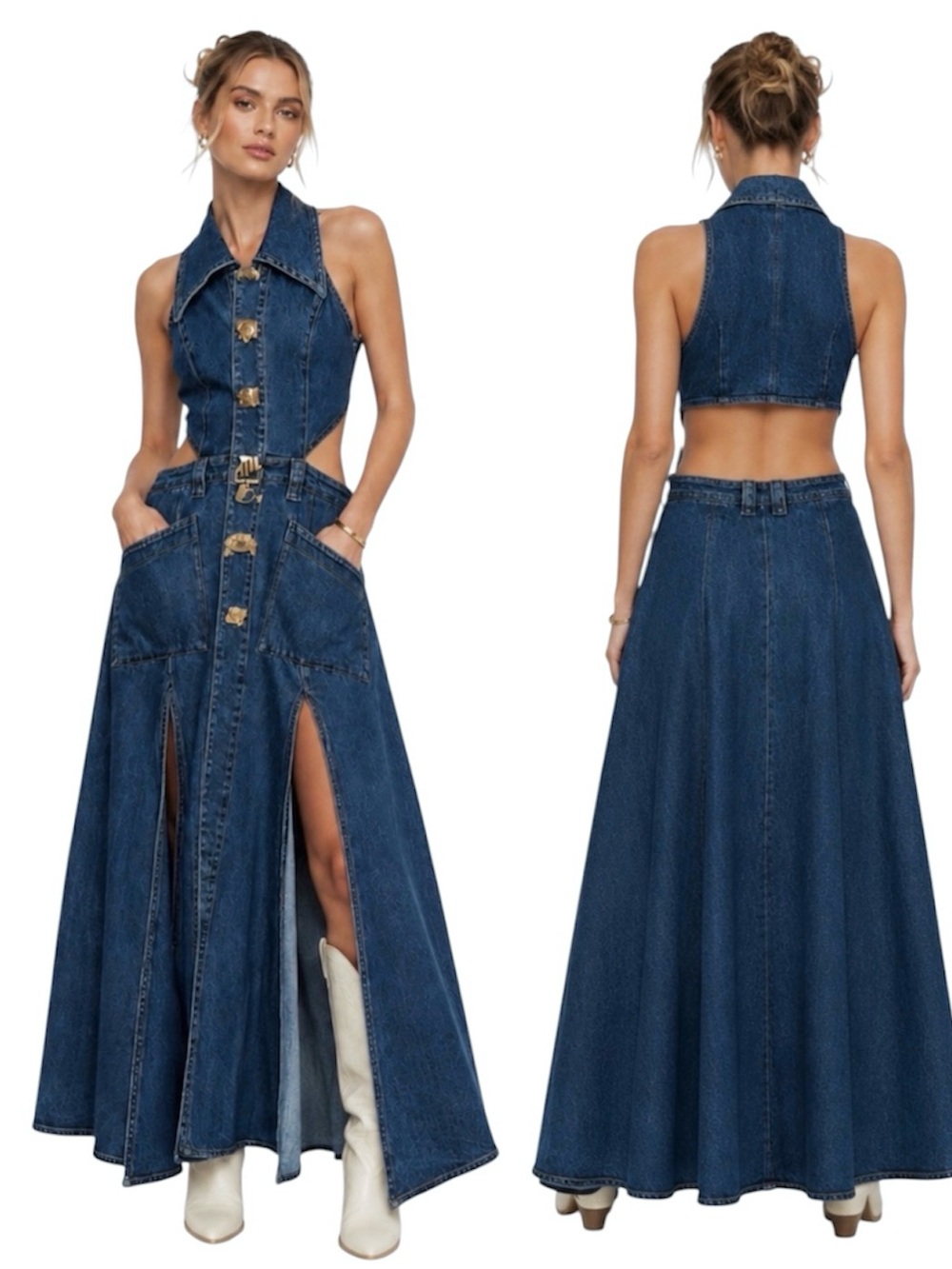 Urban Revivo Cut Out Sleeveless Maxi Denim Dress US 8 - Picture 1 of 10